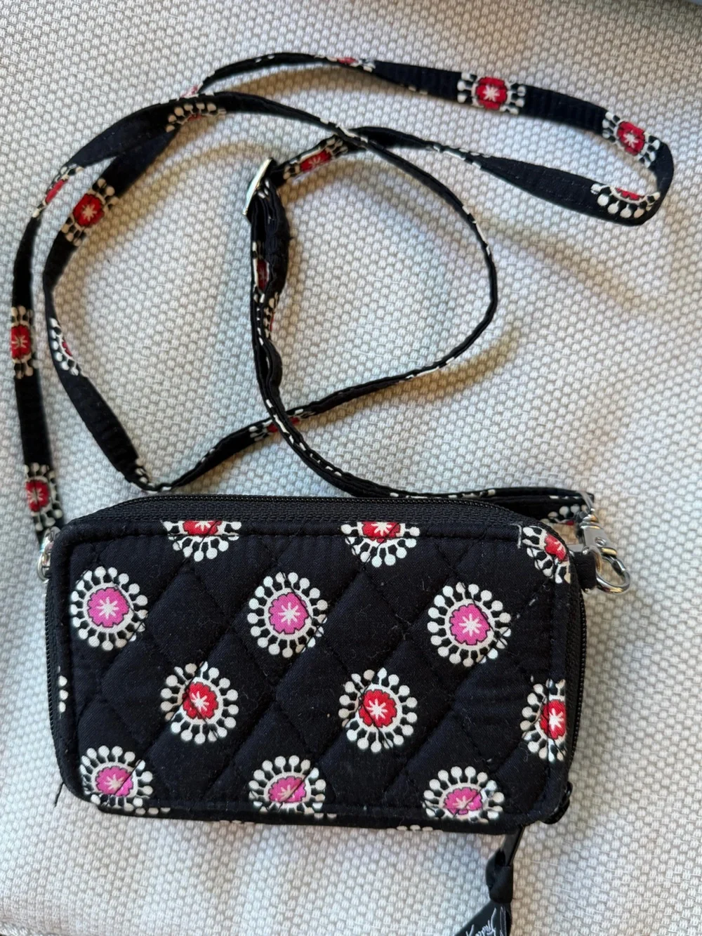 Vera Bradley Black Quilted Crossbody Wallet with Pink & Red Floral Circles